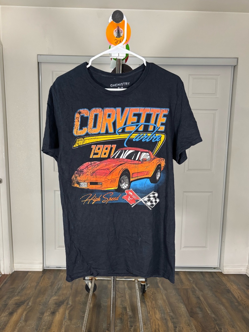 Chemistry Black Tee with Orange Corvette Graphic